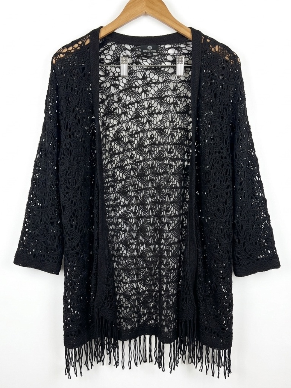 Curations HSN Crochet Duster Cardigan XL Black Open Front Fringe Kimono Cowgirl